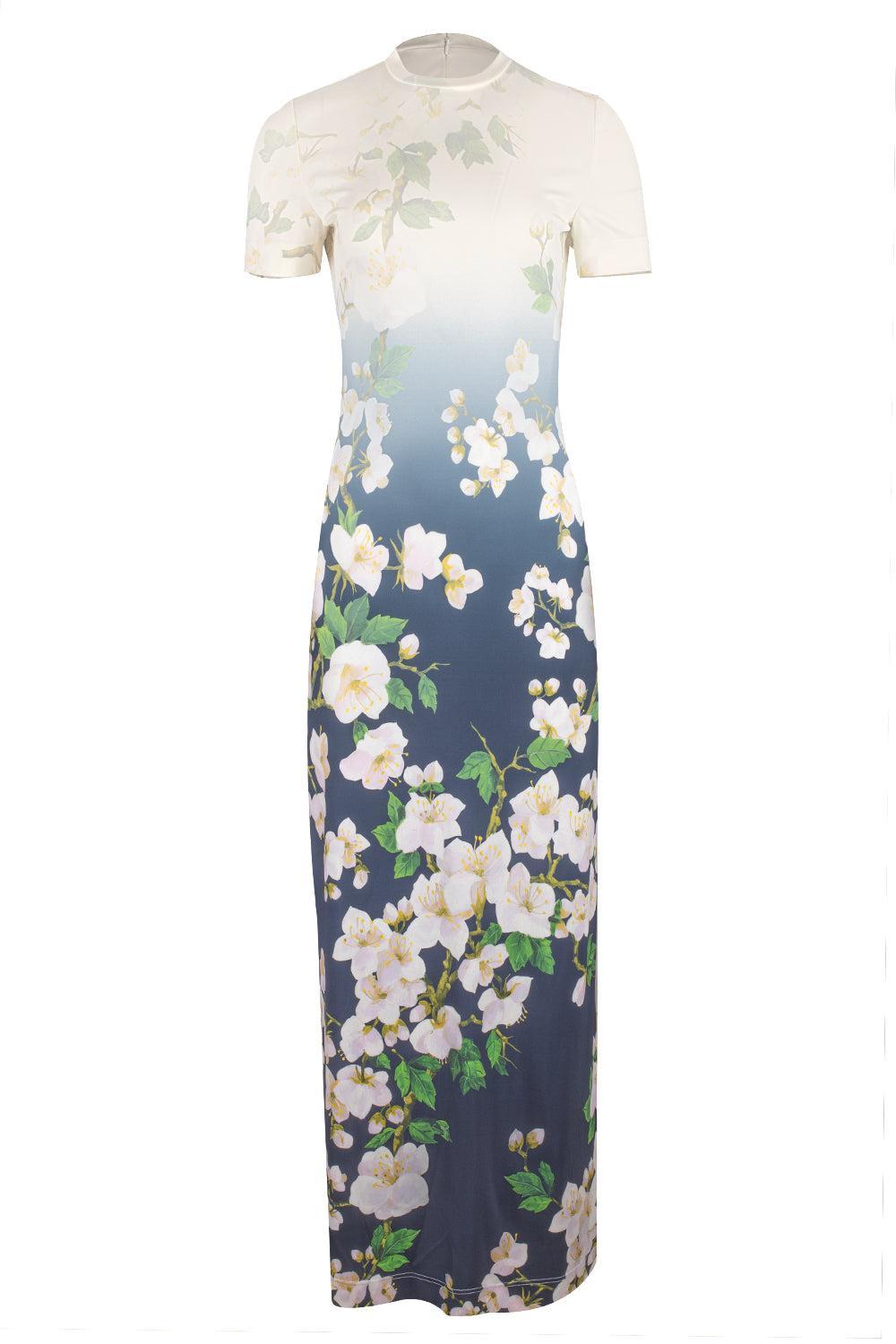Short Sleeve Cherry Blossom Dress-WHT/NVY-2-CLOTHINGDRESSCASUAL-OSCAR DE LA RENTA