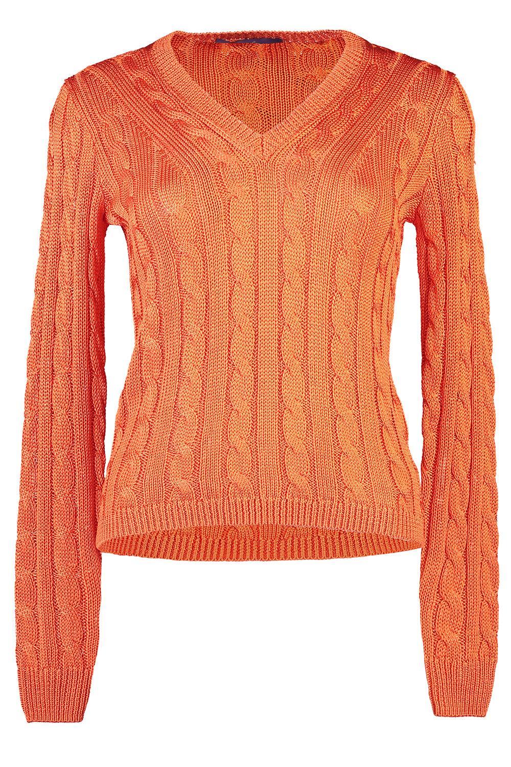 Cable-Knit V-Neck Sweater-BRIGHT ORANGE-S-CLOTHINGTOPSWEATER-RALPH LAUREN