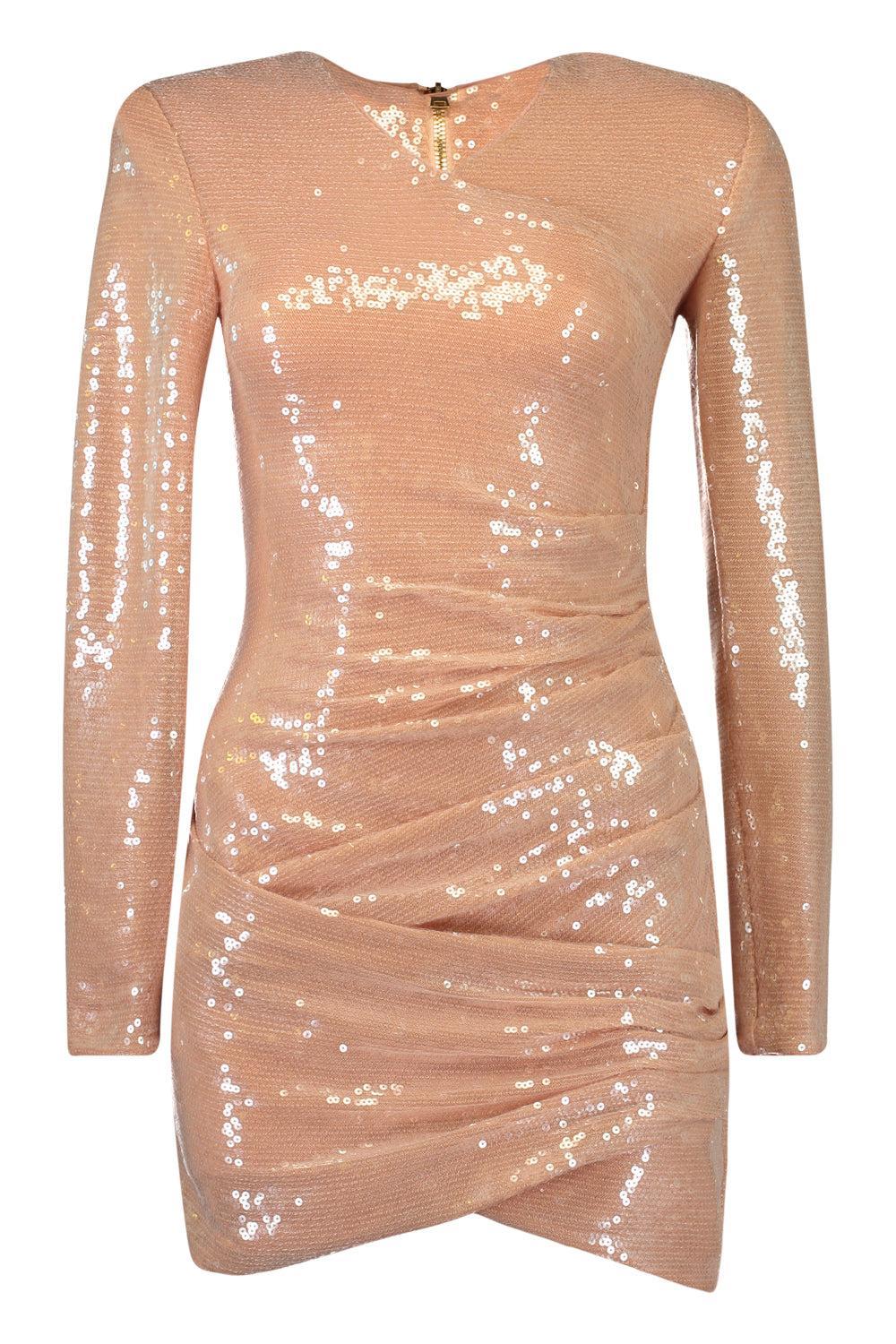 Long Sleeve Drape Sequin Mini Dress-PINK-34-CLOTHINGDRESSCOCKTAIL-BALMAIN