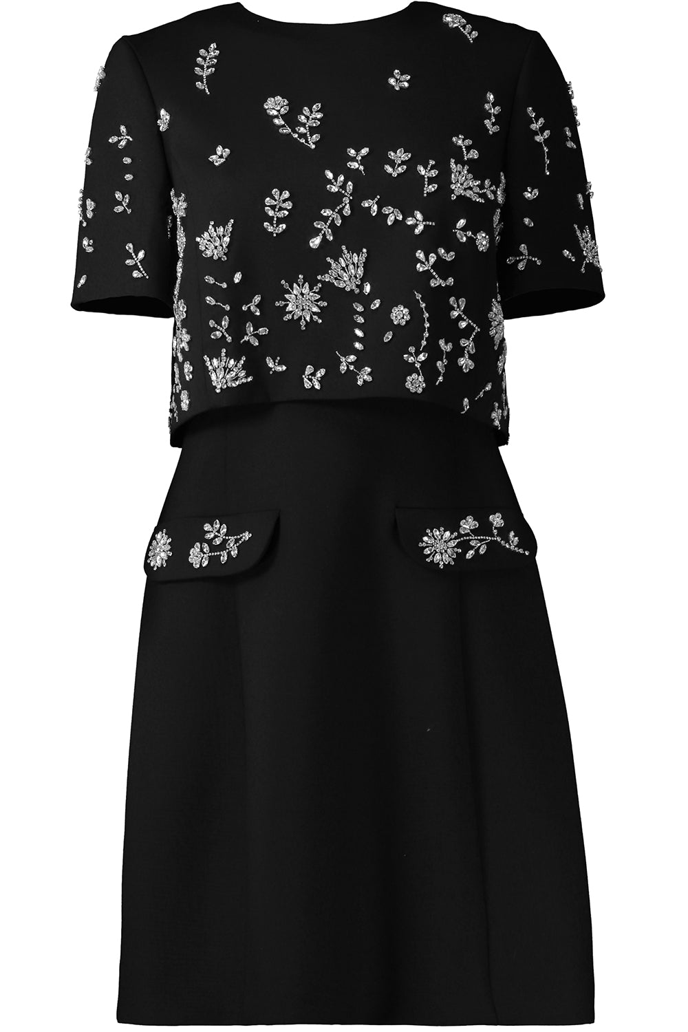 Short Sleeve Crystal Flowers Embroidered Cocktail Dress-BLACK-4-CLOTHINGDRESSCOCKTAIL-OSCAR DE LA RENTA