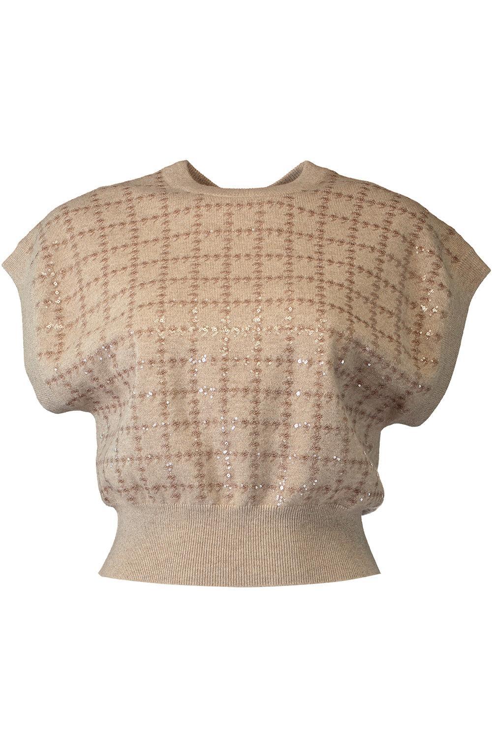 Dazzling Windowpane Embroidery Knit T-Shirt-BROWN-XXS-CLOTHINGTOPKNITS-BRUNELLO CUCINELLI