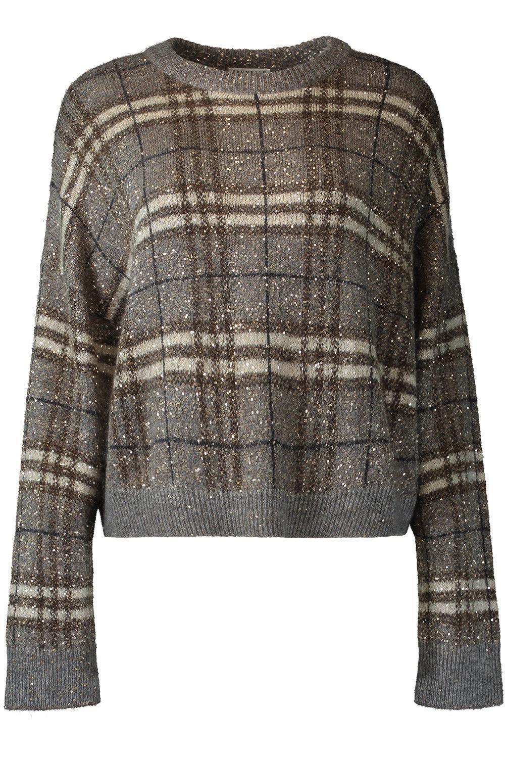 Long Sleeve Plaid Sweater-GREY-XS-CLOTHINGTOPKNITS-BRUNELLO CUCINELLI