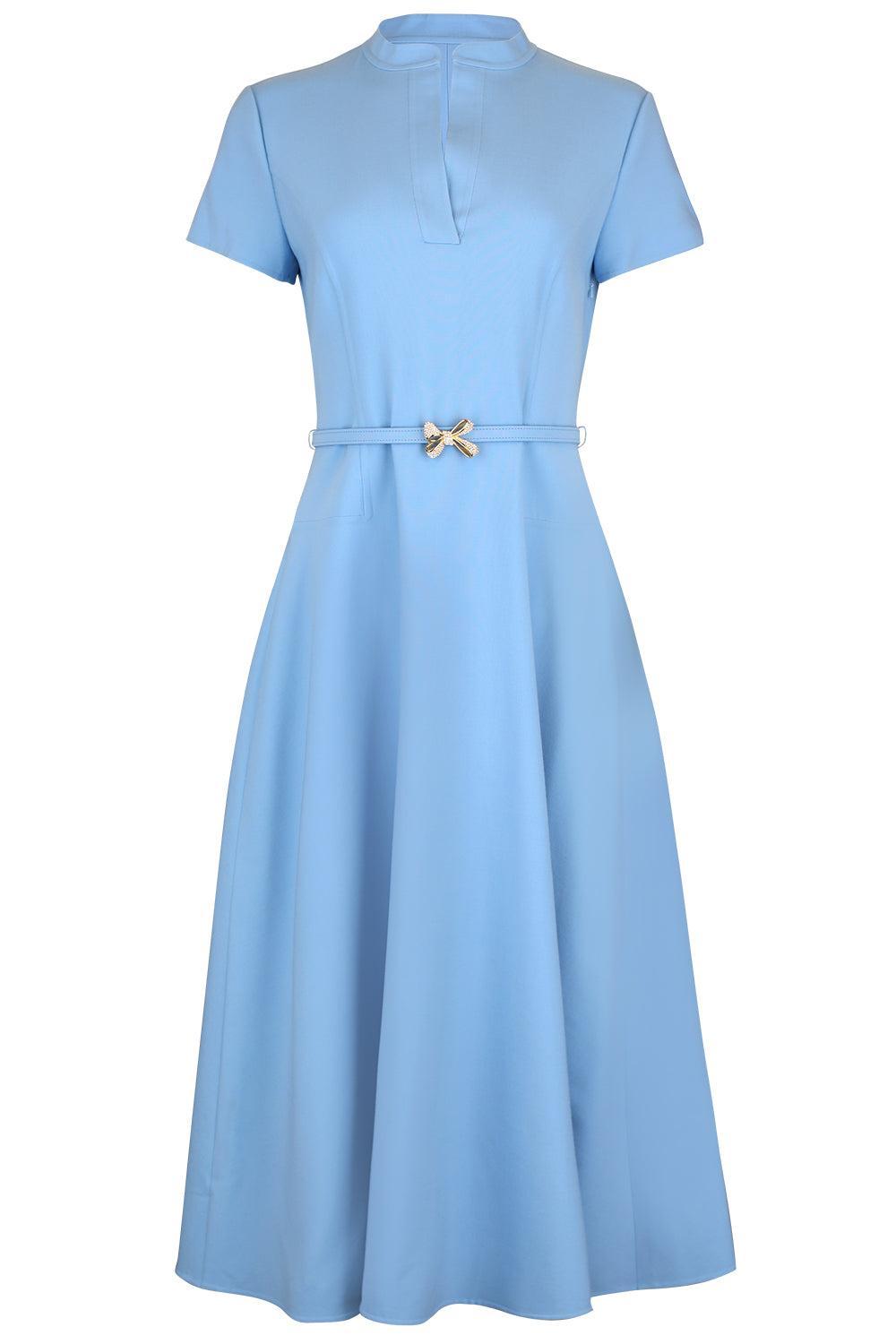 Short Sleeve Flare Midi Stretch Dress-BLUE-6-CLOTHINGDRESSCASUAL-OSCAR DE LA RENTA