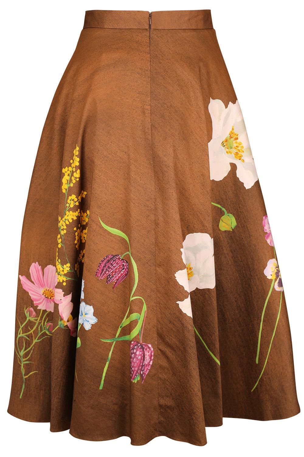 Mixed Botanical Circle Midi Skirt-BROWN-2-CLOTHINGSKIRTMIDI-OSCAR DE LA RENTA