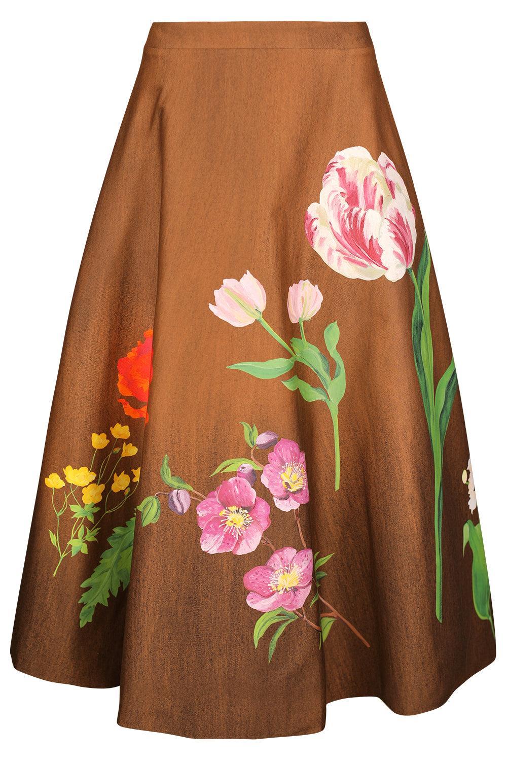 Mixed Botanical Circle Midi Skirt-BROWN-2-CLOTHINGSKIRTMIDI-OSCAR DE LA RENTA