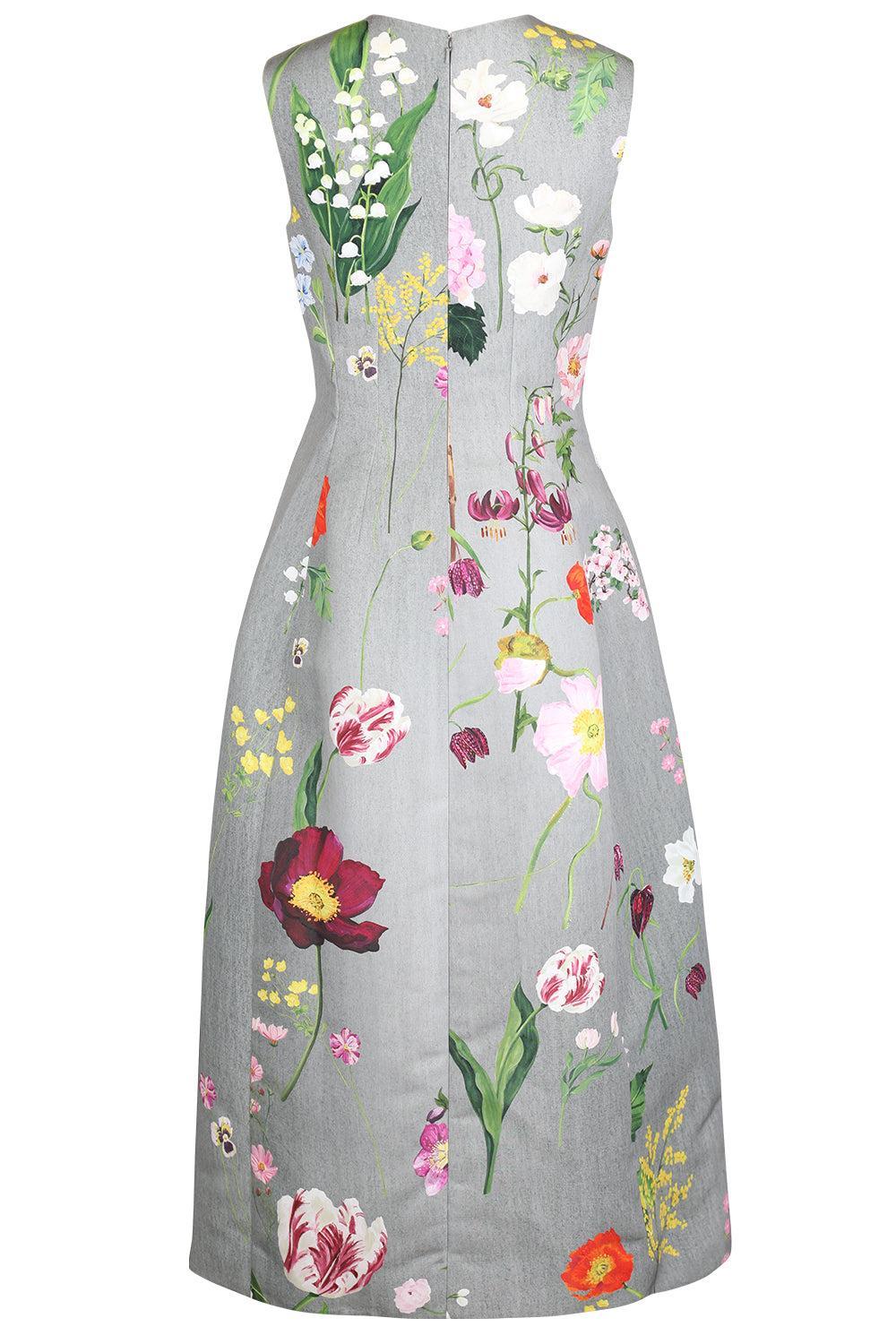 Mixed Botanical Sleeveless Cocktail Dress-GREY-4-CLOTHINGDRESSCOCKTAIL-OSCAR DE LA RENTA