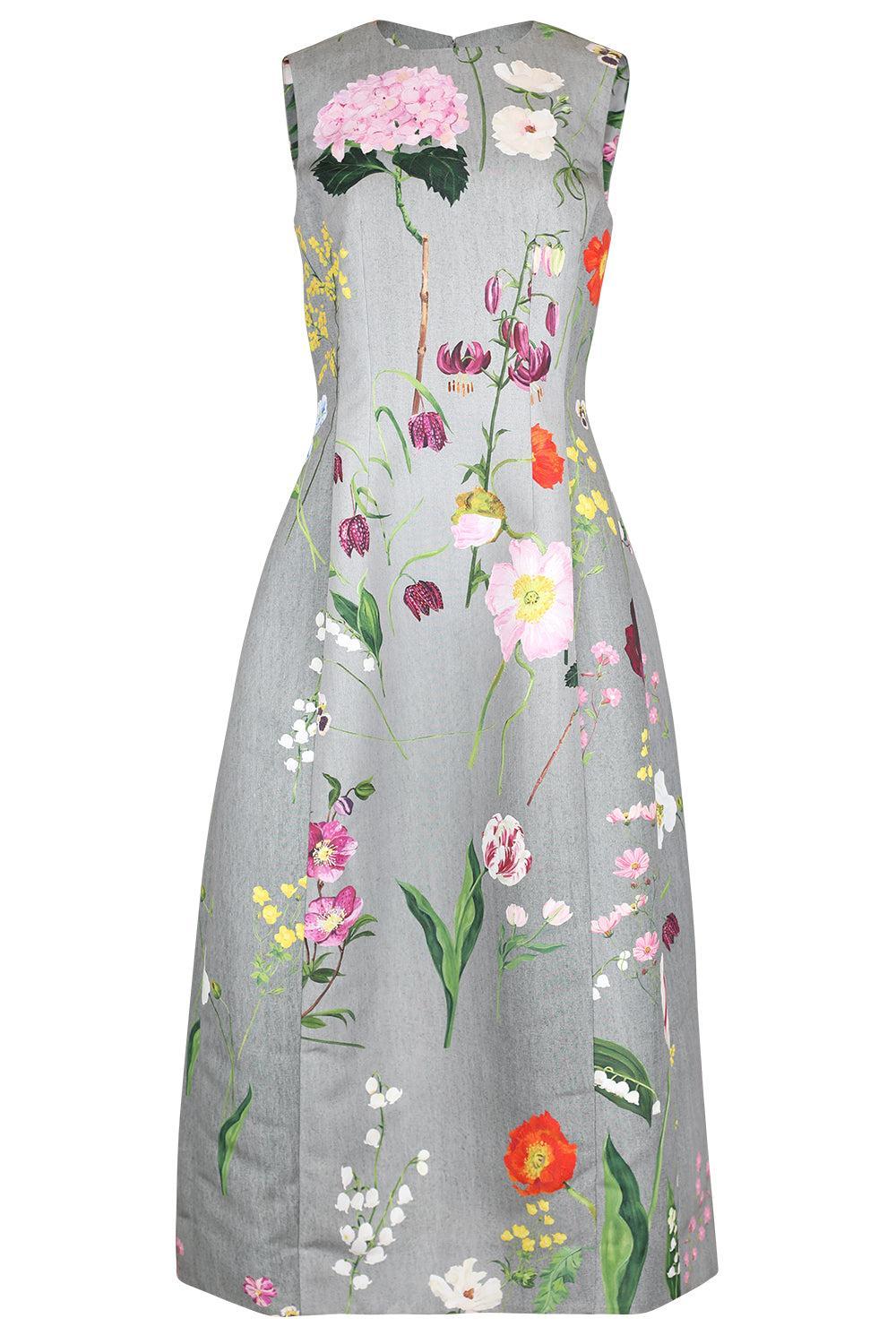 Mixed Botanical Sleeveless Cocktail Dress-GREY-4-CLOTHINGDRESSCOCKTAIL-OSCAR DE LA RENTA