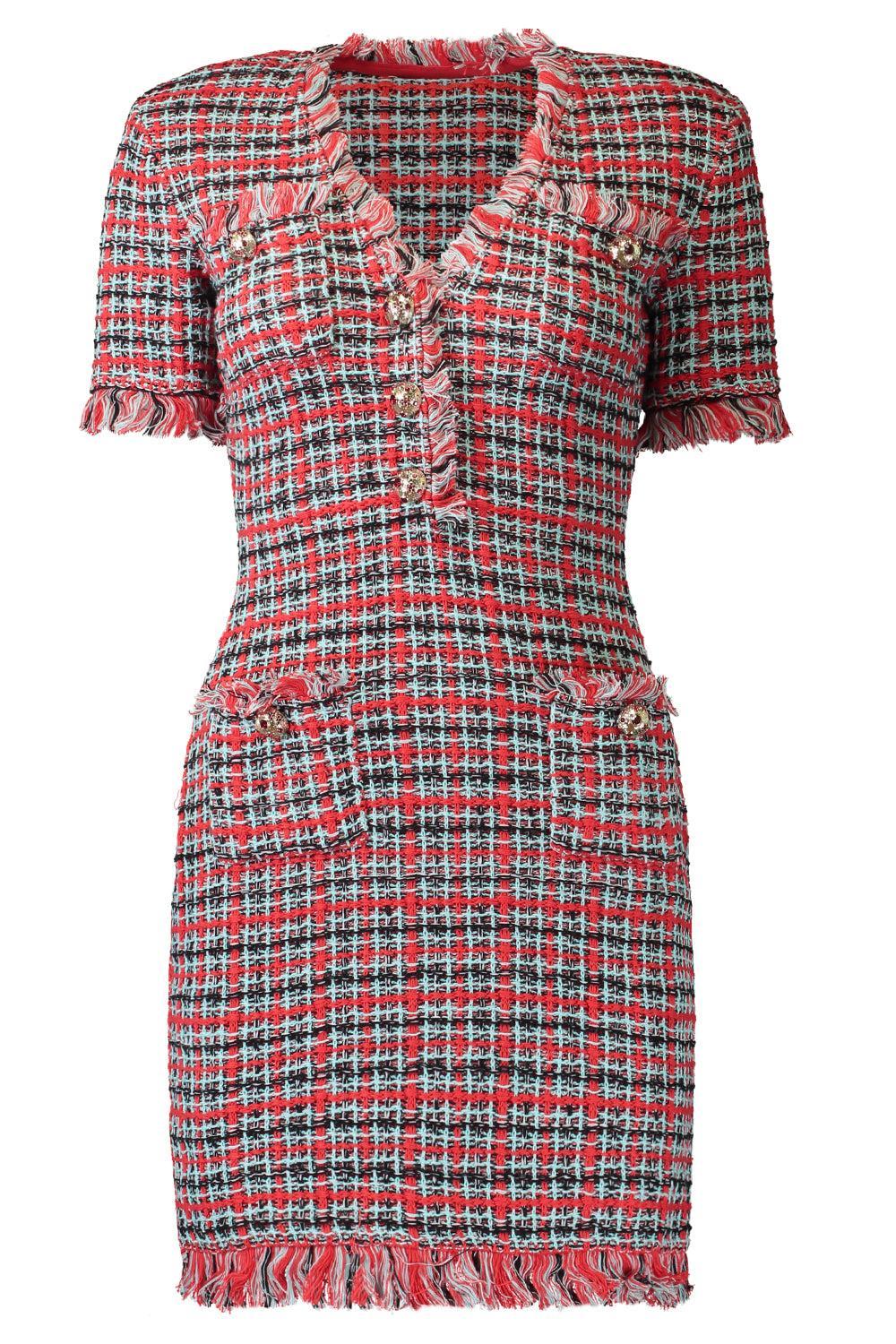 Check Frayed Mini Dress-RED-XS-CLOTHINGDRESSCOCKTAIL-SELF-PORTRAIT