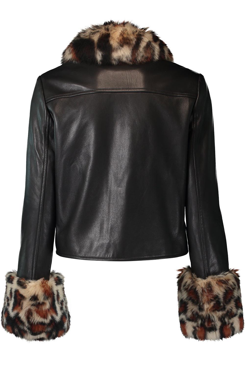 Leopard Trim Leather Jacket-BLACK-4-CLOTHINGJACKETCROPPED-SUSAN BENDER