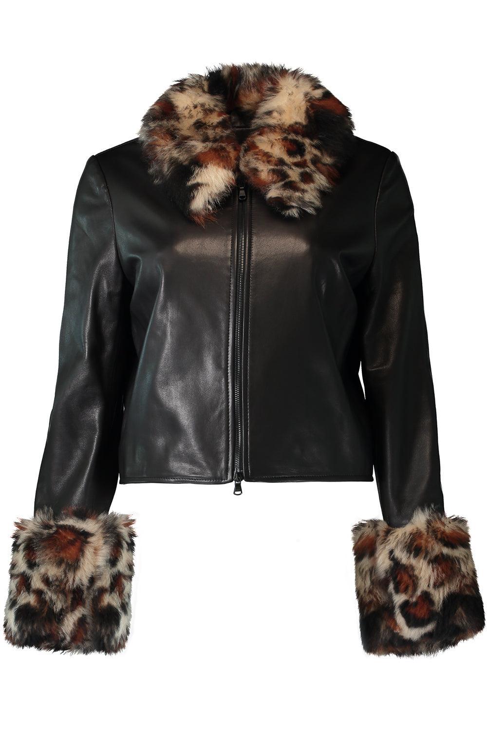 Leopard Trim Leather Jacket-BLACK-4-CLOTHINGJACKETCROPPED-SUSAN BENDER
