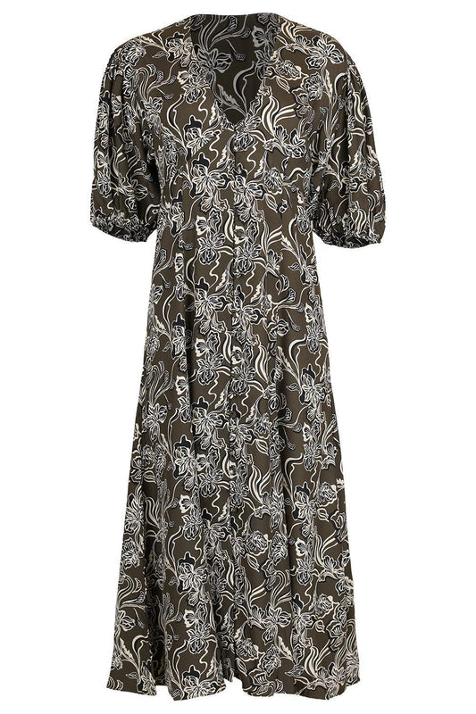 Florence Dress - Taupe Floral-FLORAL-0-CLOTHINGDRESSCASUAL-LA LIGNE