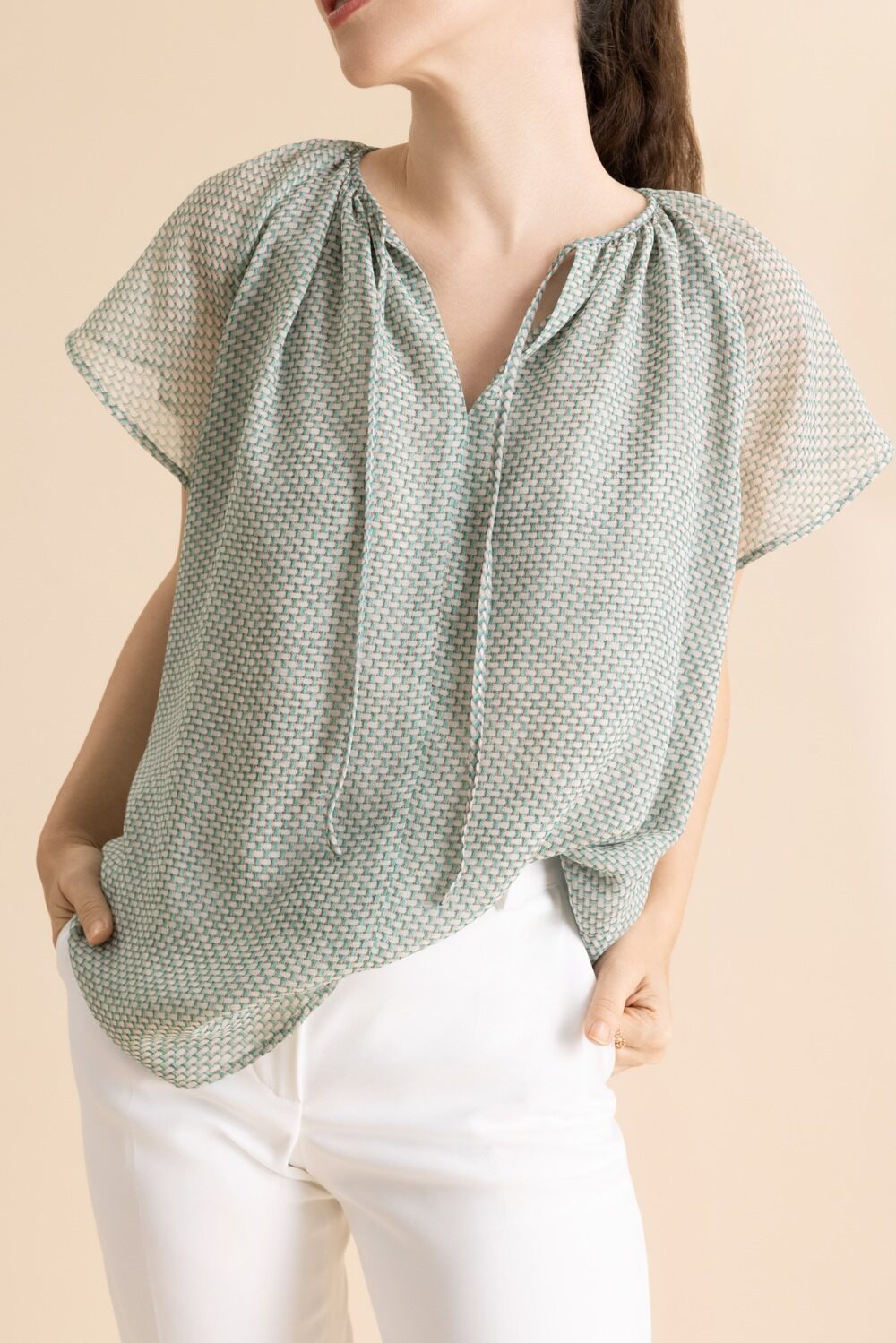 Lattice Flutter Cap Sleeve Blouse-GREEN-32-CLOTHINGTOPBLOUSE-MAISON COMMON