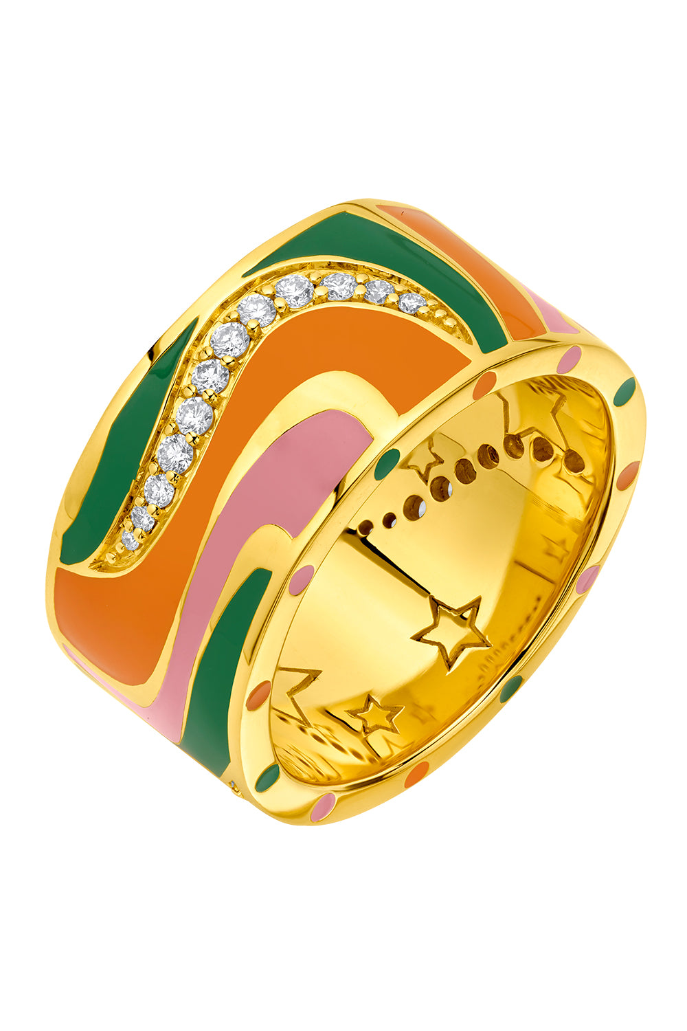 Diamond Pink Green Groovy Swirl Band Ring