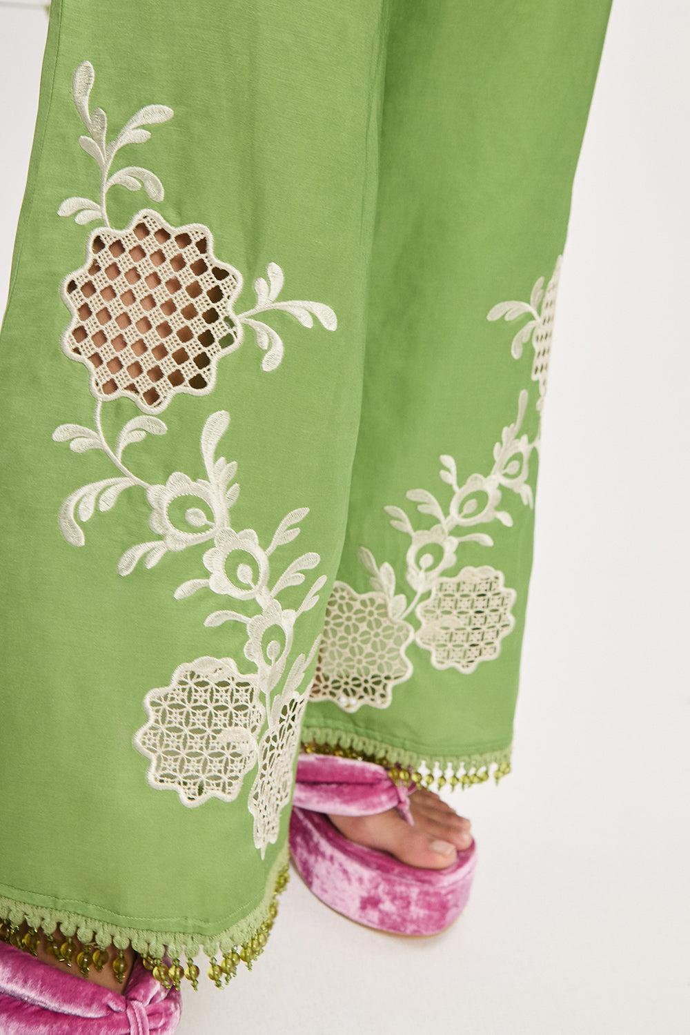 Luisa Embroidered Pant-GREEN-2-CLOTHINGPANTWIDE LEG-ALEMAIS