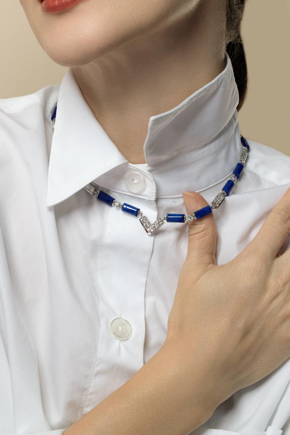 Lapis Diamond V Chain Necklace-WHITE GOLD-JEWELRYFINE JEWELNECKLACE O-DAVID WEBB