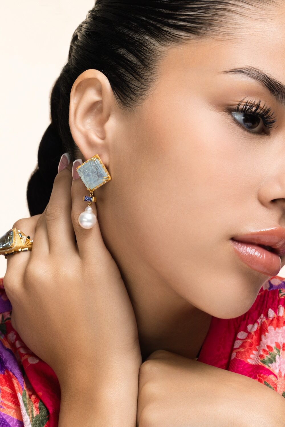 Aquamarine Pearl Drop Carved Earrings-YELLOW GOLD-JEWELRYFINE JEWELEARRING-COOMI