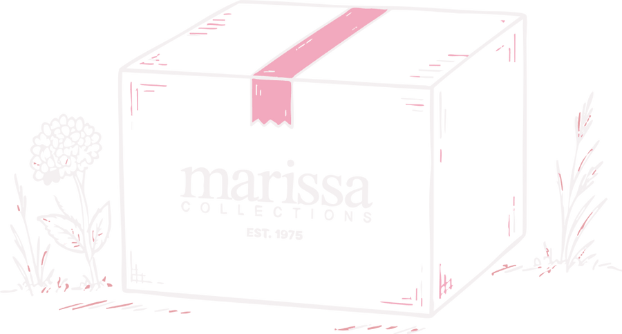 Pink and white illustration of a Marissa Collections gift box with a ribbon and flowers