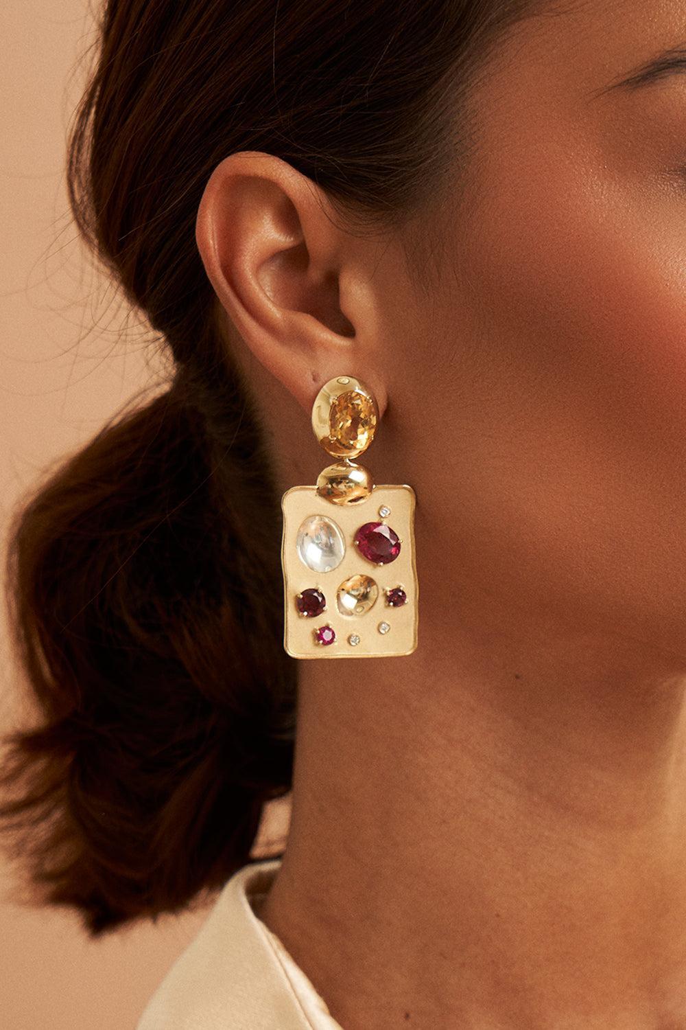 Citrine Rubis Diamond Rock Drop Earrings-YELLOW GOLD-JEWELRYFINE JEWELEARRING-CAROL KAUFFMANN