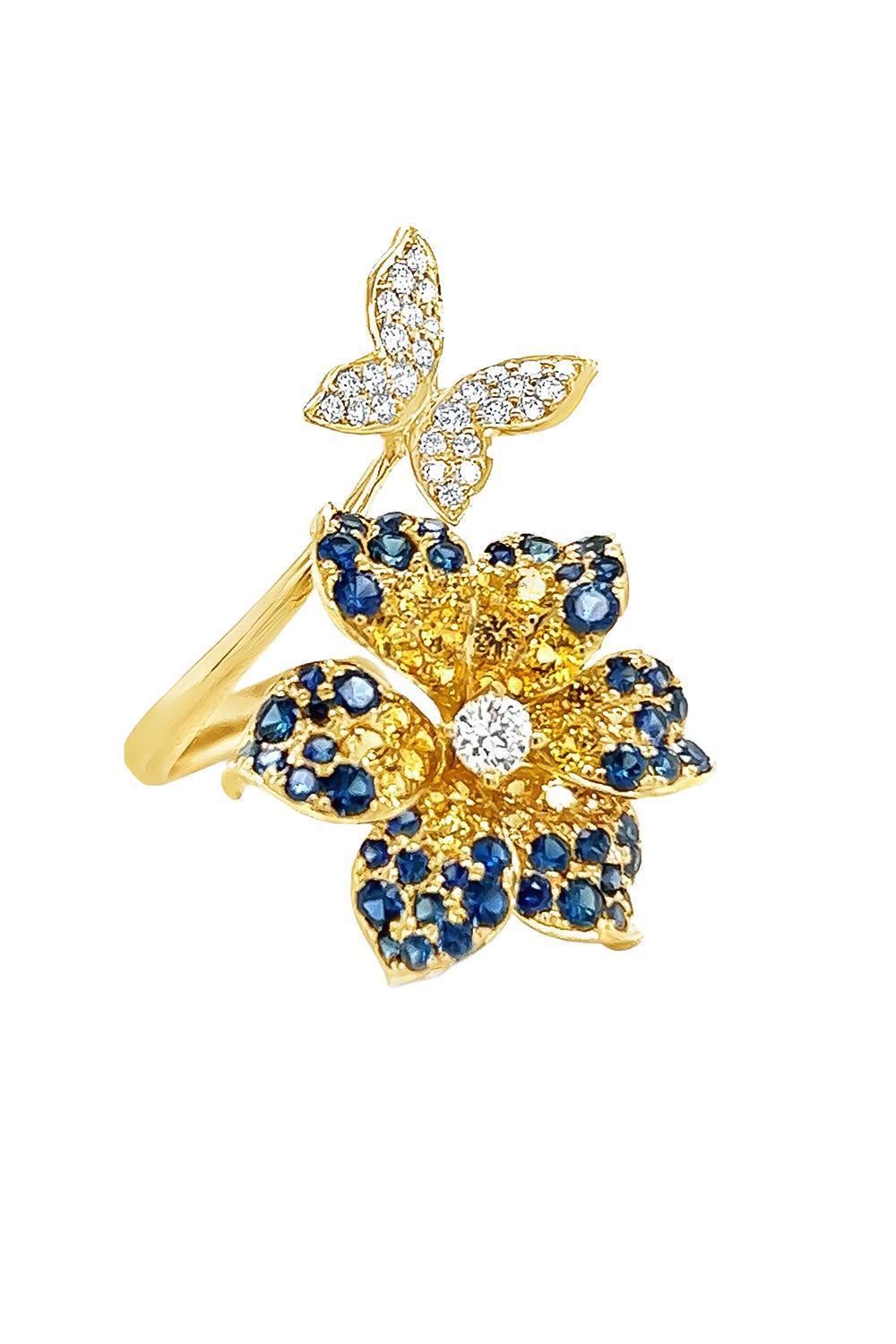 Blue Yellow Sappire Flower Butterfly Ring-YELLOW GOLD-6-JEWELRYFINE JEWELRING-LISA NIK