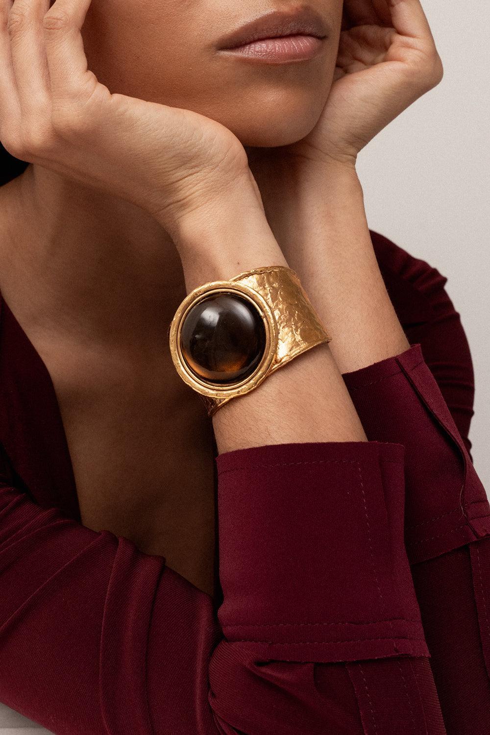Smoky Quartz Sphere Cuff Bracelet-YELLOW-JEWELRYBOUTIQUEBRACELET O-SYLVIA TOLEDANO