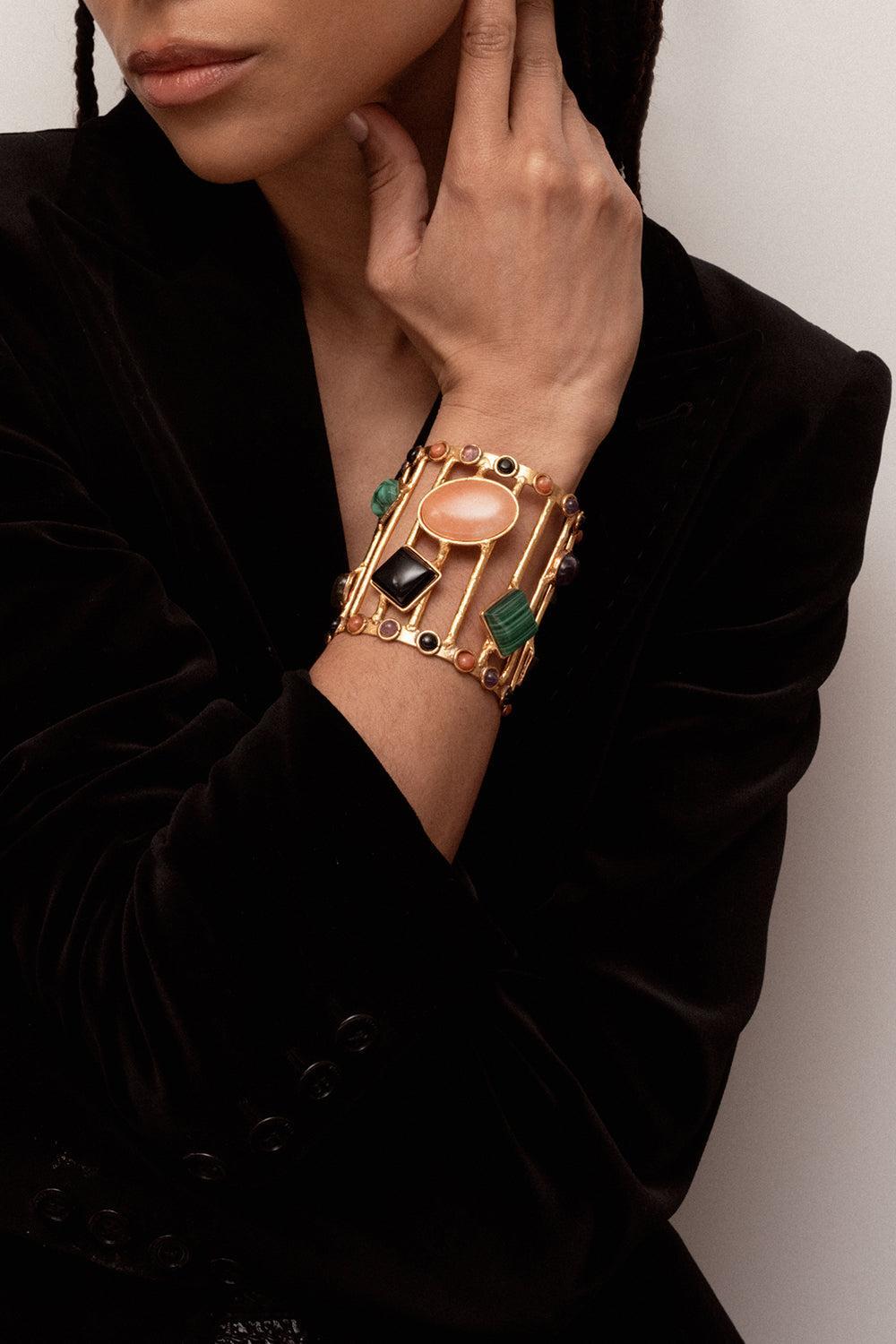Multi Stone Cage Cuff Bracelet-YELLOW-JEWELRYBOUTIQUEBRACELET O-SYLVIA TOLEDANO