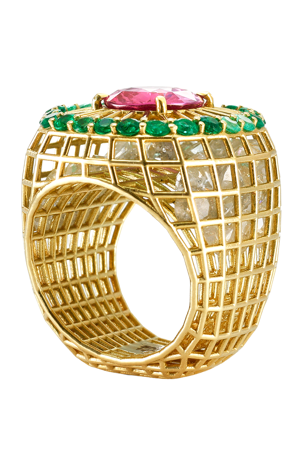 Emerald Pink Sapphire Queen Cagey Ring