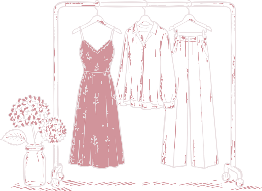 Pink and white illustration of a clothing rack with a dress, jacket, and pants