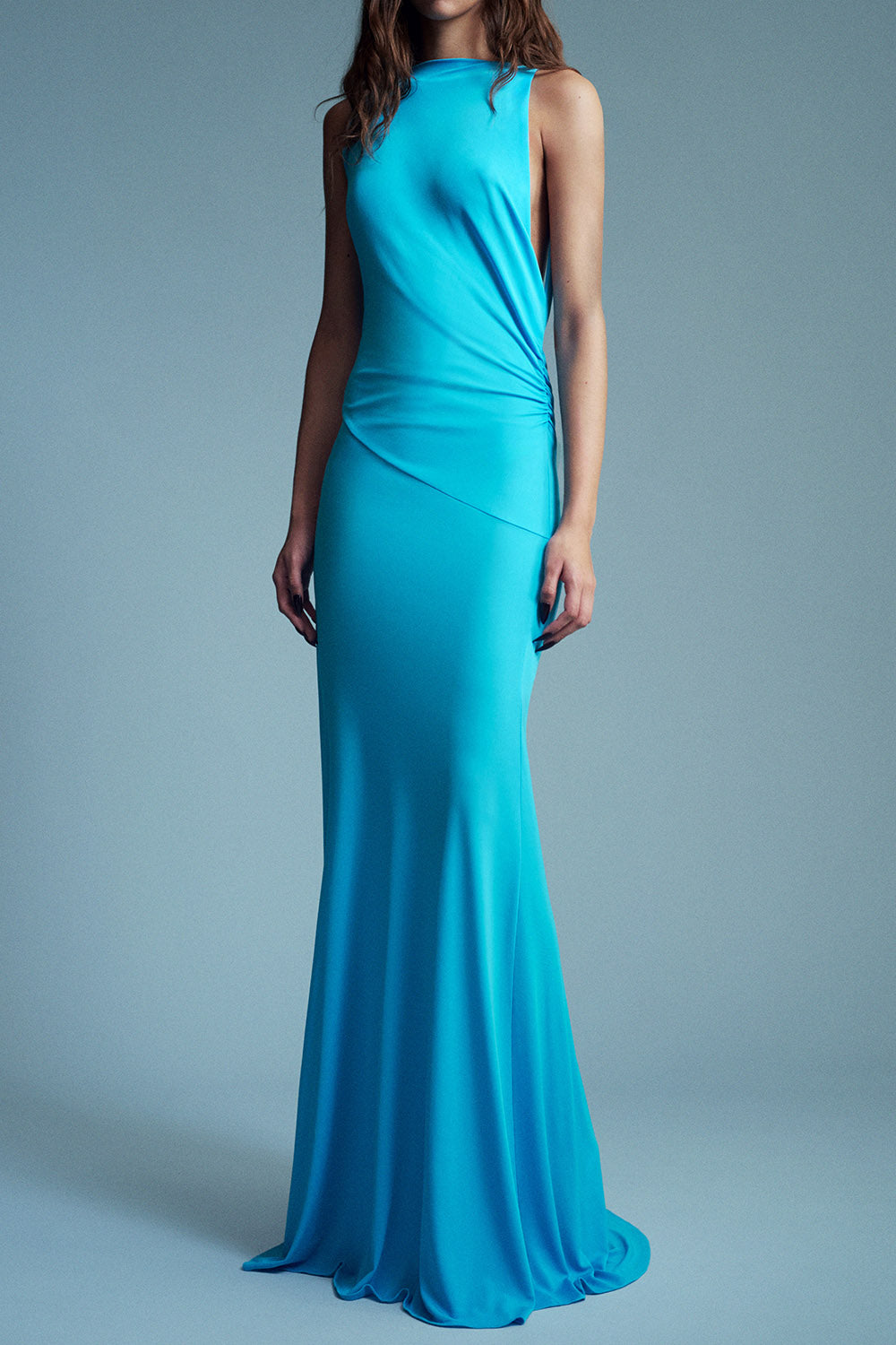 Open Back Jersey Drape Gown