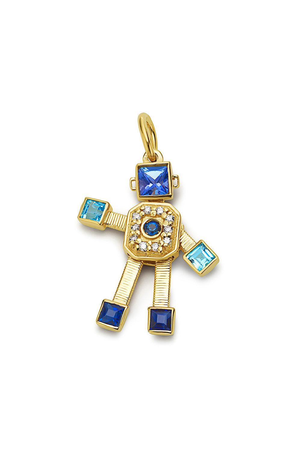 Diamond Sapphire Mini Denim Heart Robot Pendant-YELLOW GOLD-JEWELRYFINE JEWELPENDANT-VAN