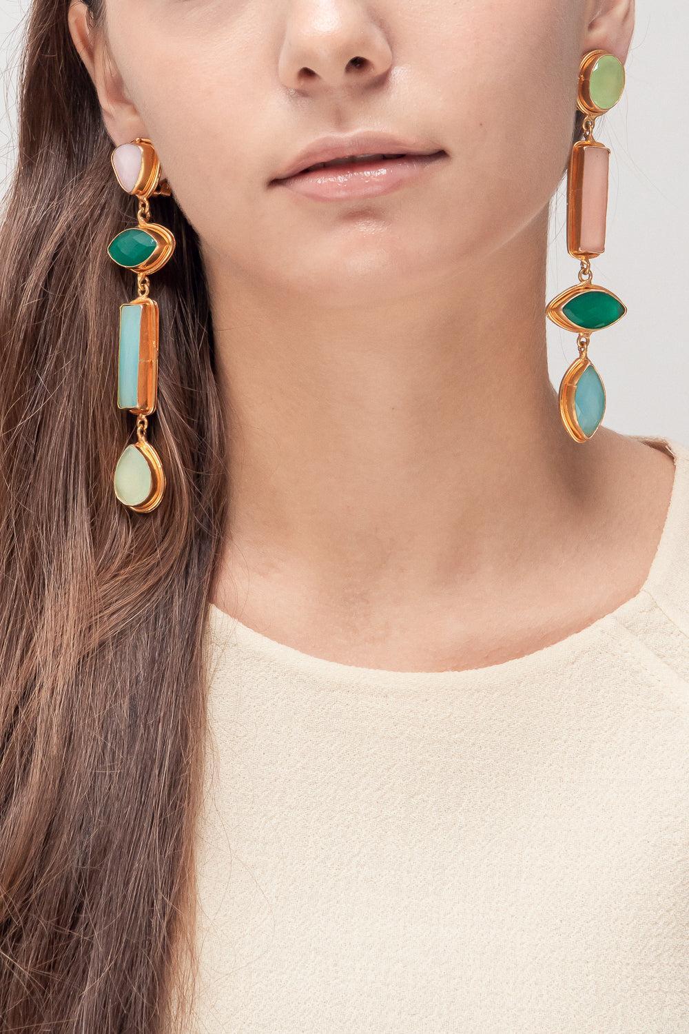 Onyx Quartz Cascade Drop Earrings-YELLOW GOLD-JEWELRYBOUTIQUEEARRING-SYLVIA TOLEDANO