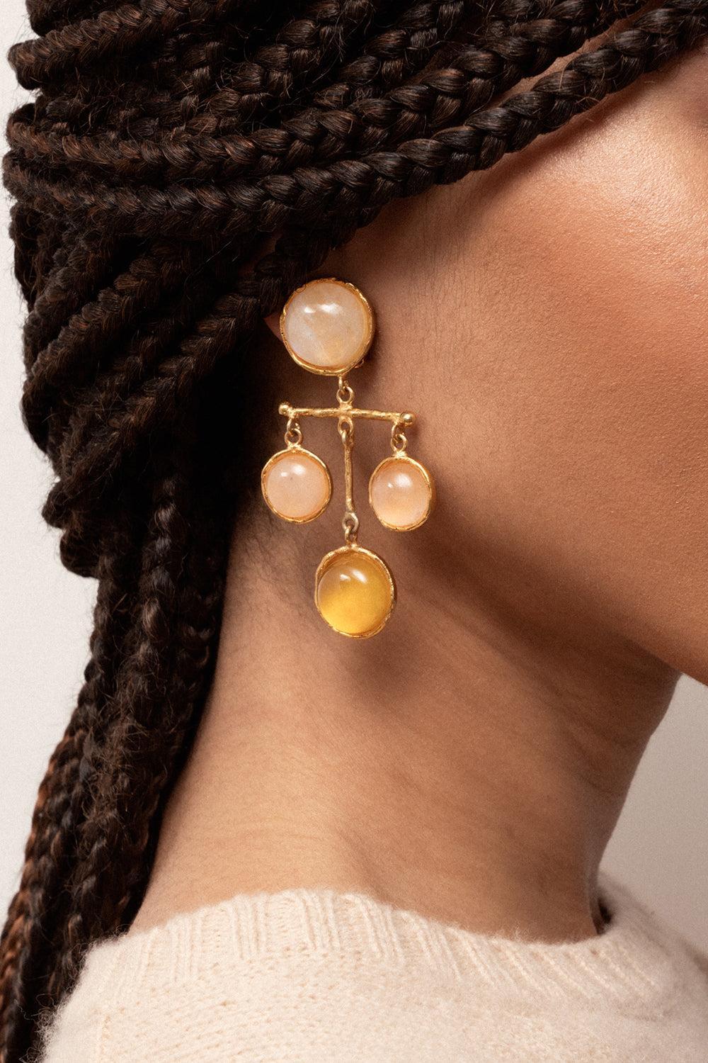 Moonstone Pink Quartz Yellow Onyx Earrings-YELLOW-JEWELRYBOUTIQUEEARRING-SYLVIA TOLEDANO