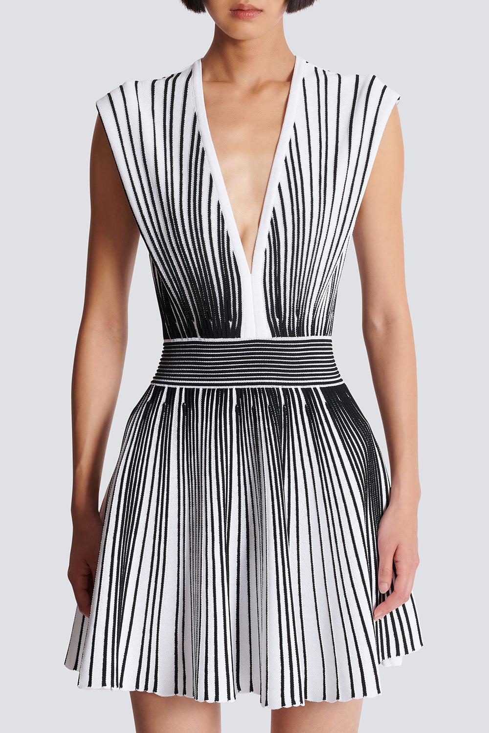 Short Sleeve V-Neck Short Dress-BLNCNOIR-34-CLOTHINGDRESSCOCKTAIL-BALMAIN