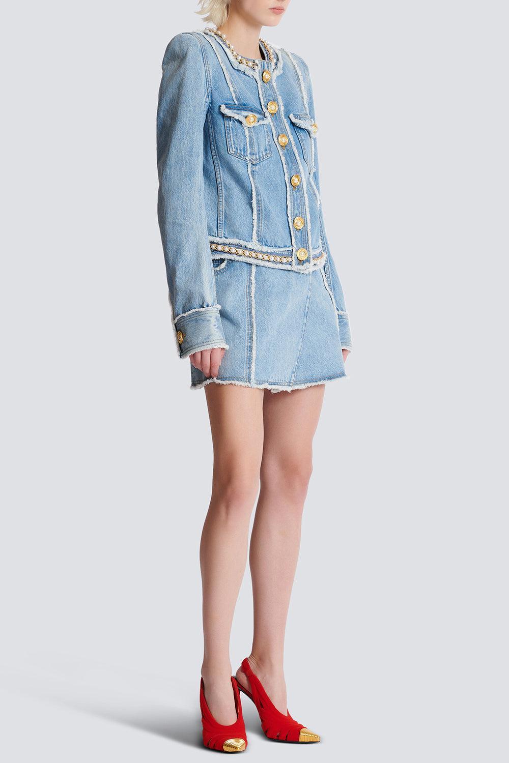 Raw Edge Denim Jacket-BLEUJNBL-34-CLOTHINGJACKETDENIM-BALMAIN