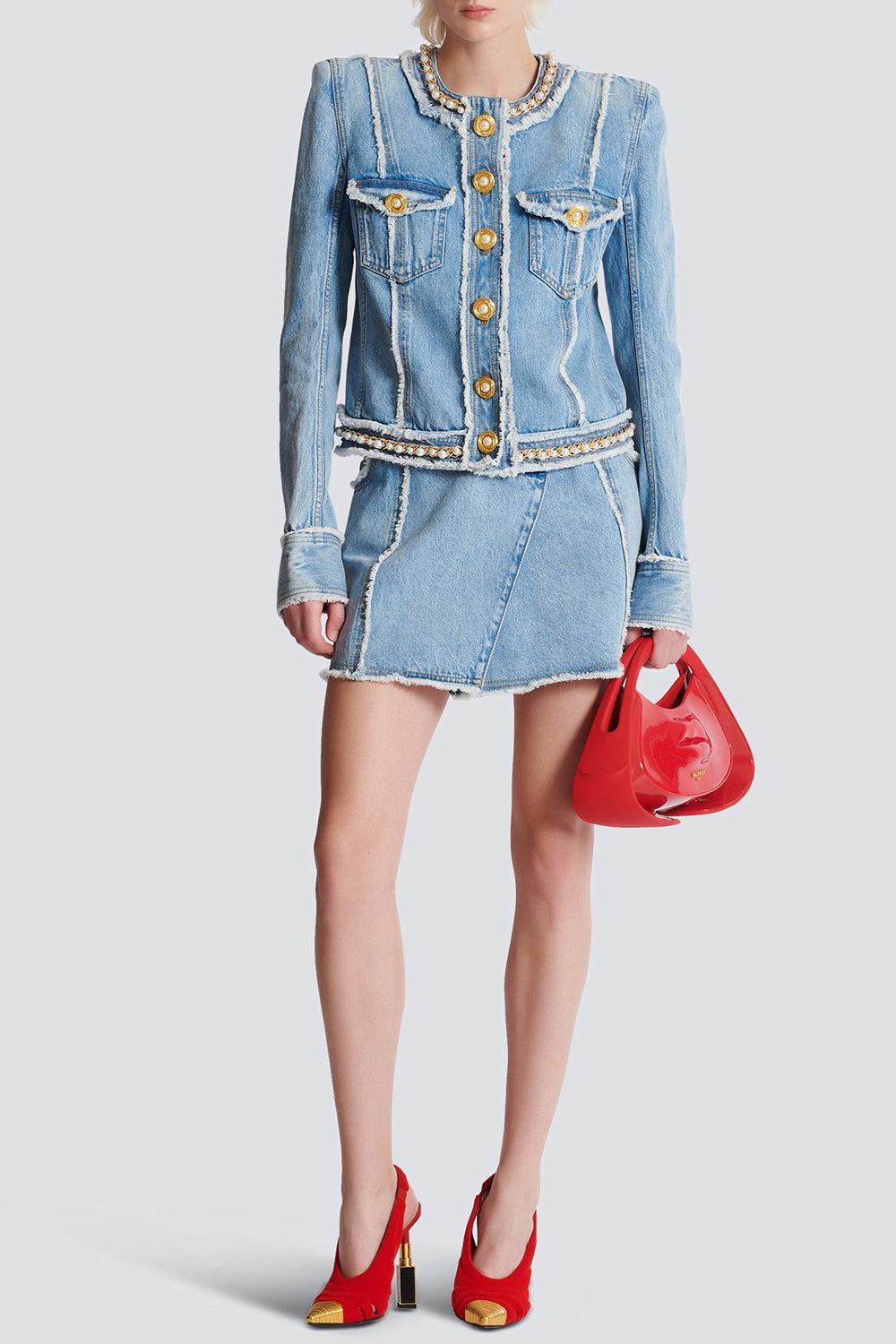 Raw Edge Denim Jacket-BLEUJNBL-34-CLOTHINGJACKETDENIM-BALMAIN