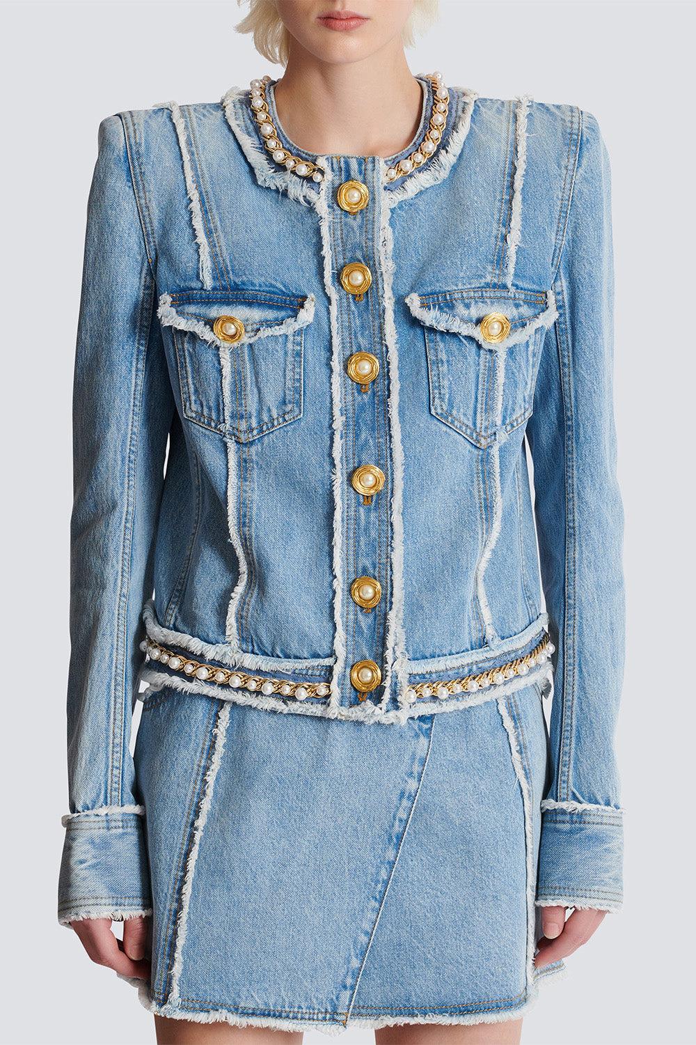 Raw Edge Denim Jacket-BLEUJNBL-34-CLOTHINGJACKETDENIM-BALMAIN