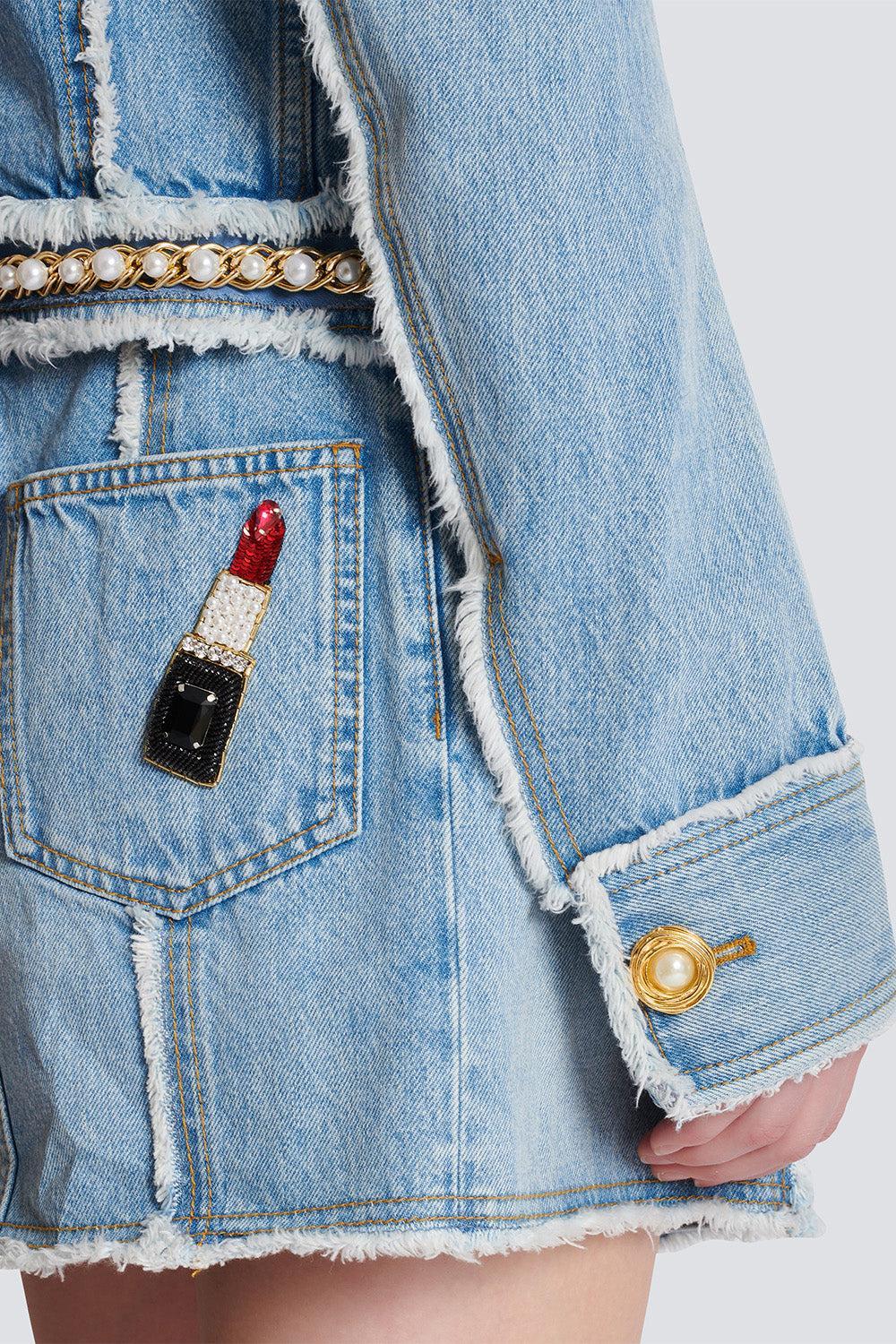 Raw Edge Denim Jacket-BLEUJNBL-34-CLOTHINGJACKETDENIM-BALMAIN