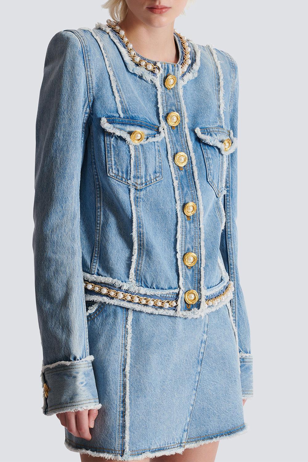 Raw Edge Denim Jacket-BLEUJNBL-34-CLOTHINGJACKETDENIM-BALMAIN