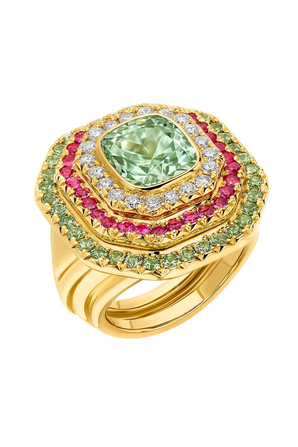 Mint Tourmaline Sapphire Cushion Gemstone Ring-YELLOW GOLD-7-JEWELRYFINE JEWELRING-EDINA KISS