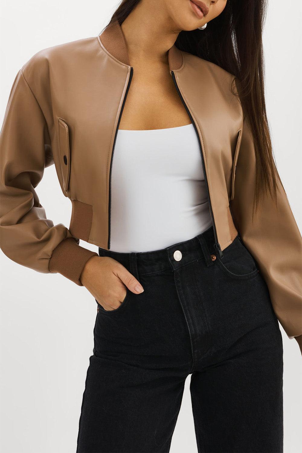 Evelin Crop Zip Jacket - Mocha-BROWN-XS-CLOTHINGJACKETCASUAL-LAMARQUE