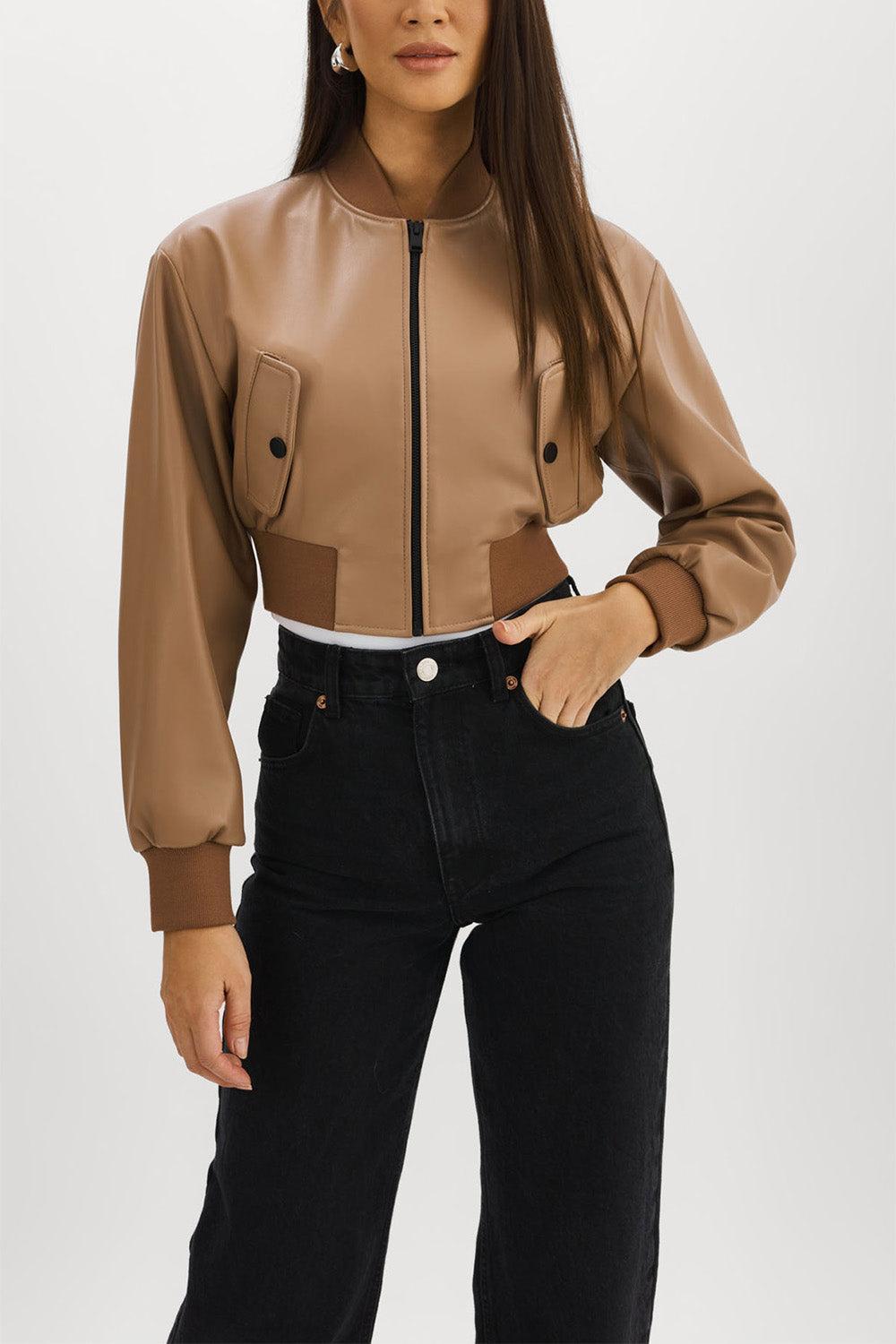 Evelin Crop Zip Jacket - Mocha-BROWN-XS-CLOTHINGJACKETCASUAL-LAMARQUE