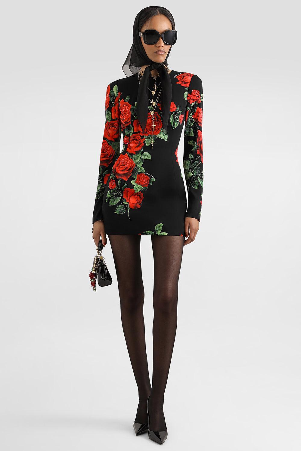 Rose Long Sleeve Dress-BLACK-40-CLOTHINGDRESSCASUAL-DOLCE & GABBANA