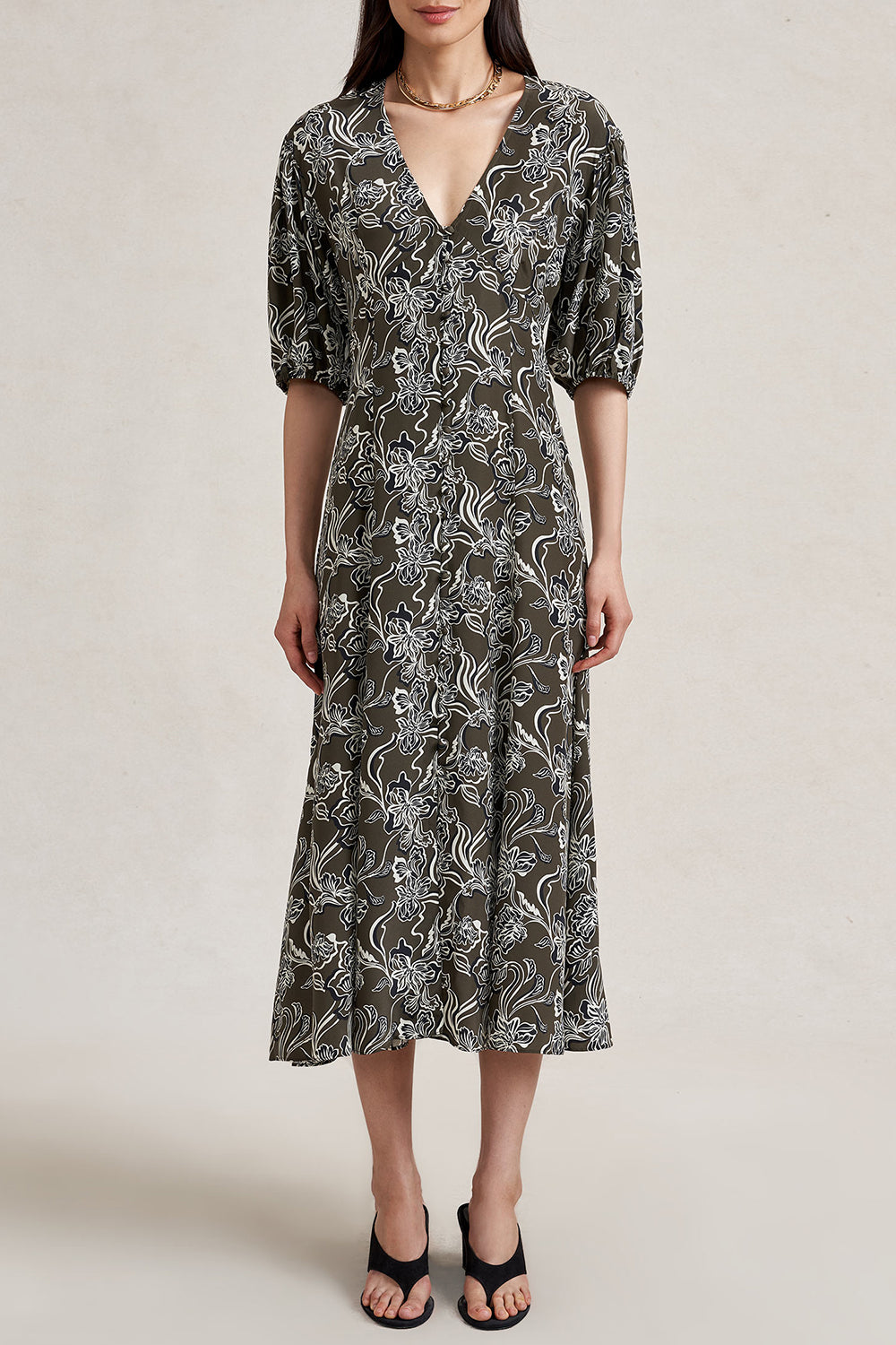 Florence Dress - Taupe Floral-FLORAL-0-CLOTHINGDRESSCASUAL-LA LIGNE