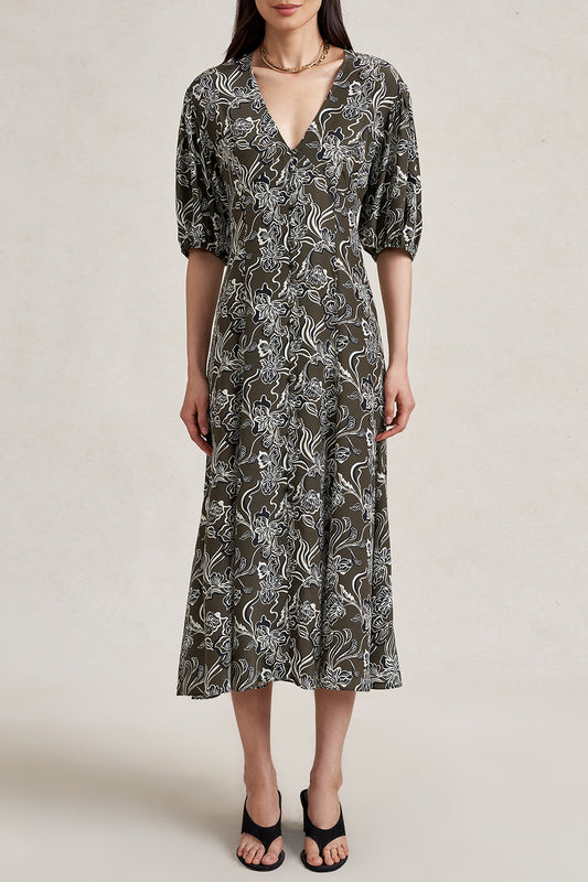 Florence Dress - Taupe Floral-FLORAL-0-CLOTHINGDRESSCASUAL-LA LIGNE