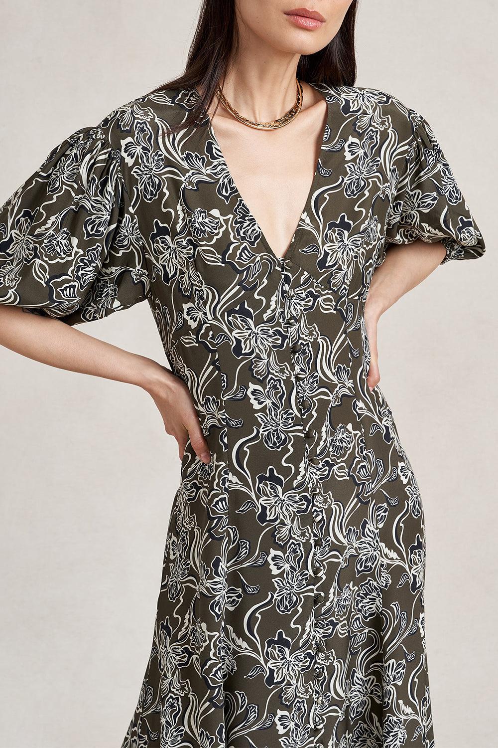 Florence Dress - Taupe Floral-FLORAL-0-CLOTHINGDRESSCASUAL-LA LIGNE