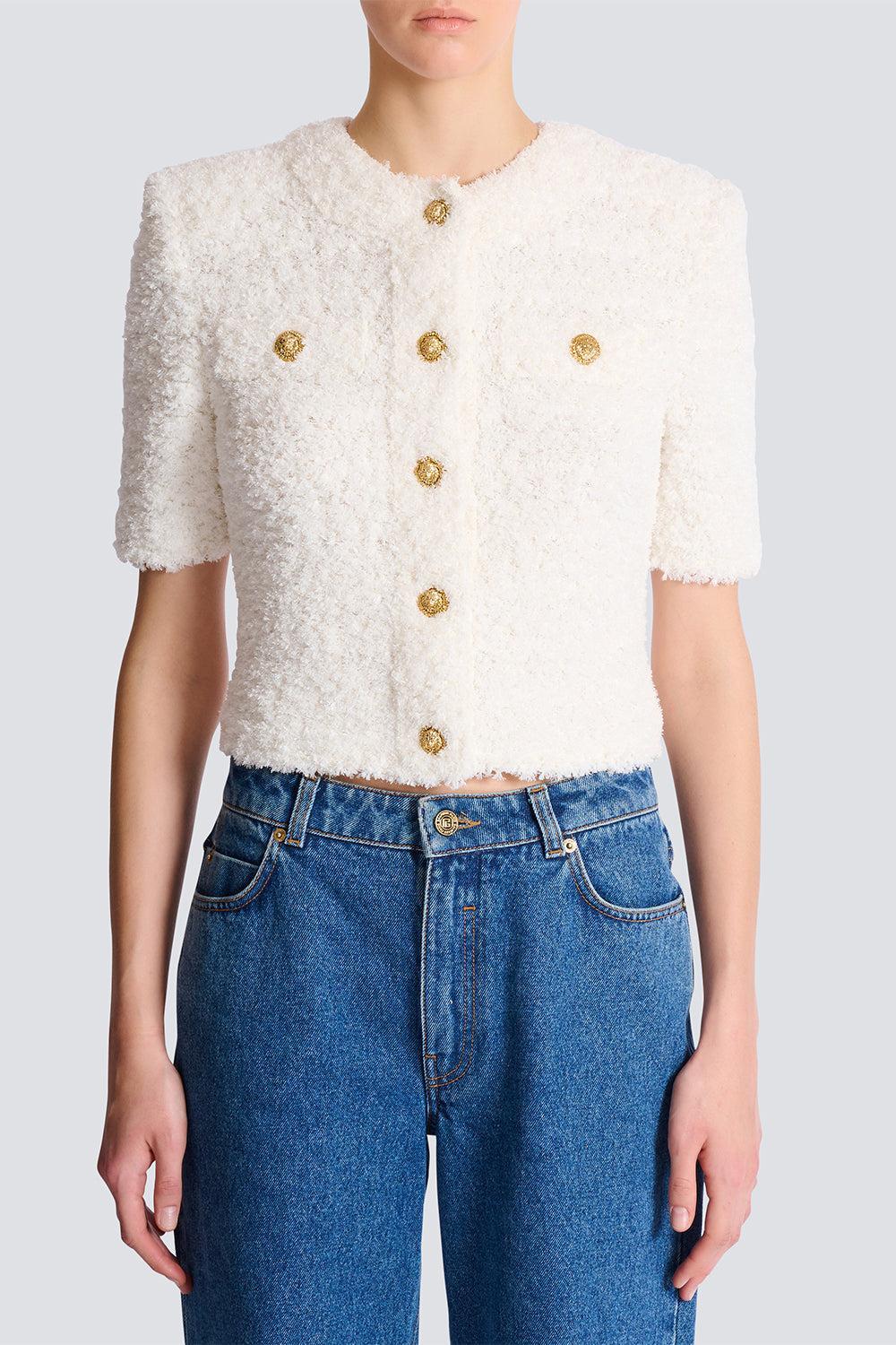 Short Sleeve Button Light Knit Cardigan-CREAM-34-CLOTHINGTOPCARDIGAN-BALMAIN
