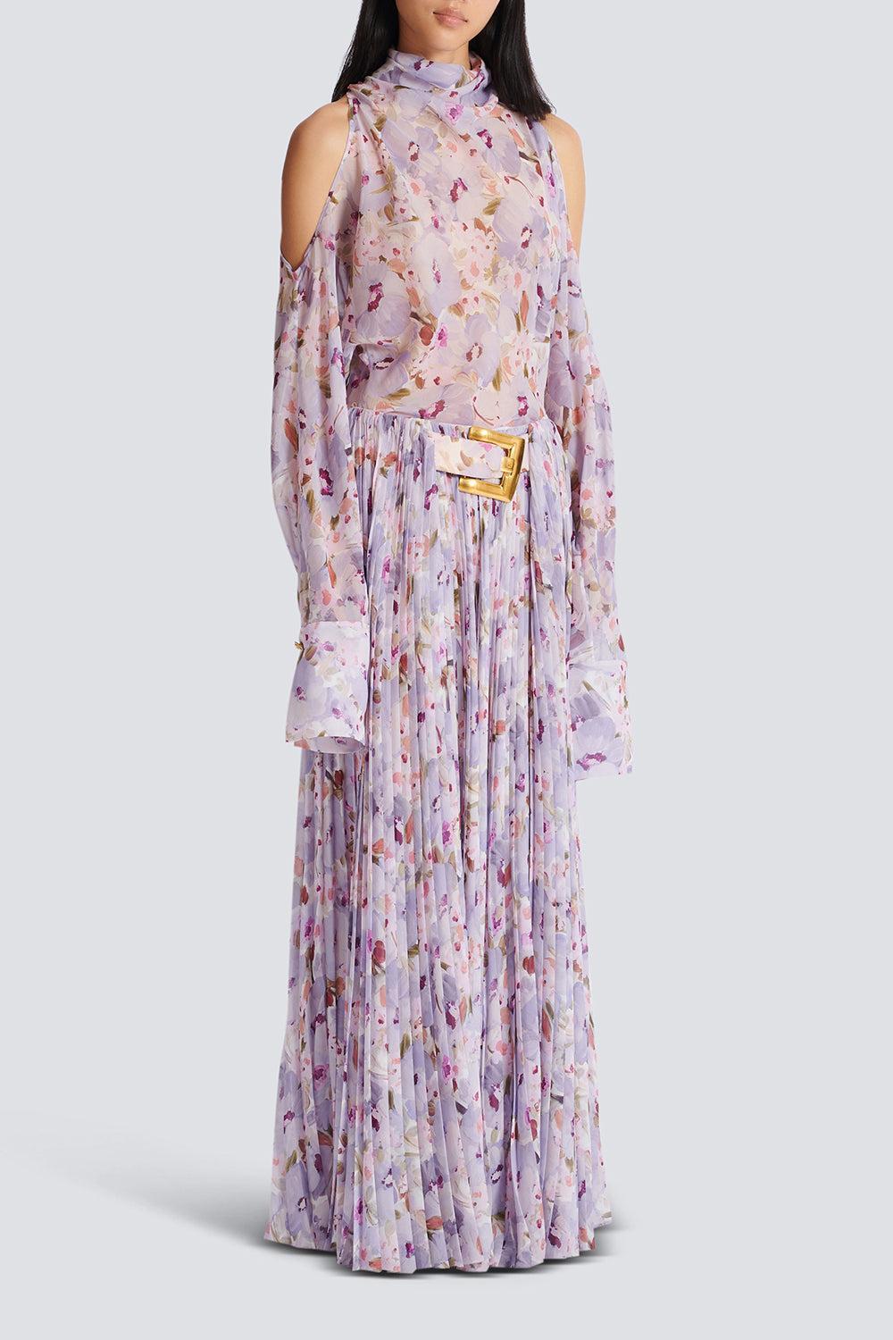 Belted Flower Print Skirt-BLNVIOMR-36-CLOTHINGSKIRTMIDI-BALMAIN