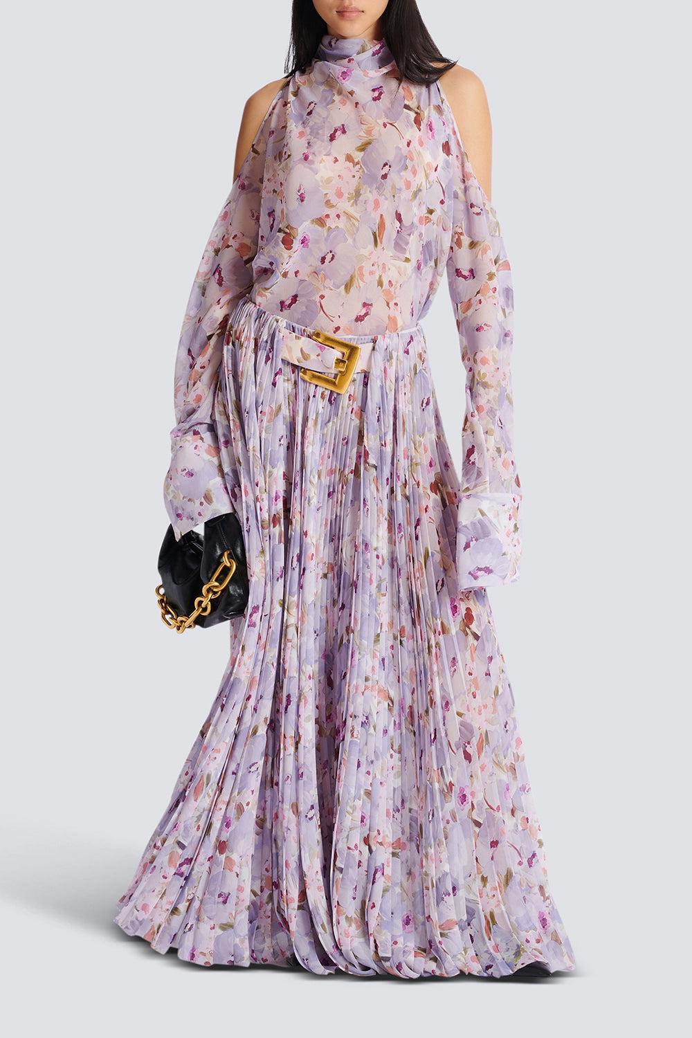 Belted Flower Print Skirt-BLNVIOMR-36-CLOTHINGSKIRTMIDI-BALMAIN