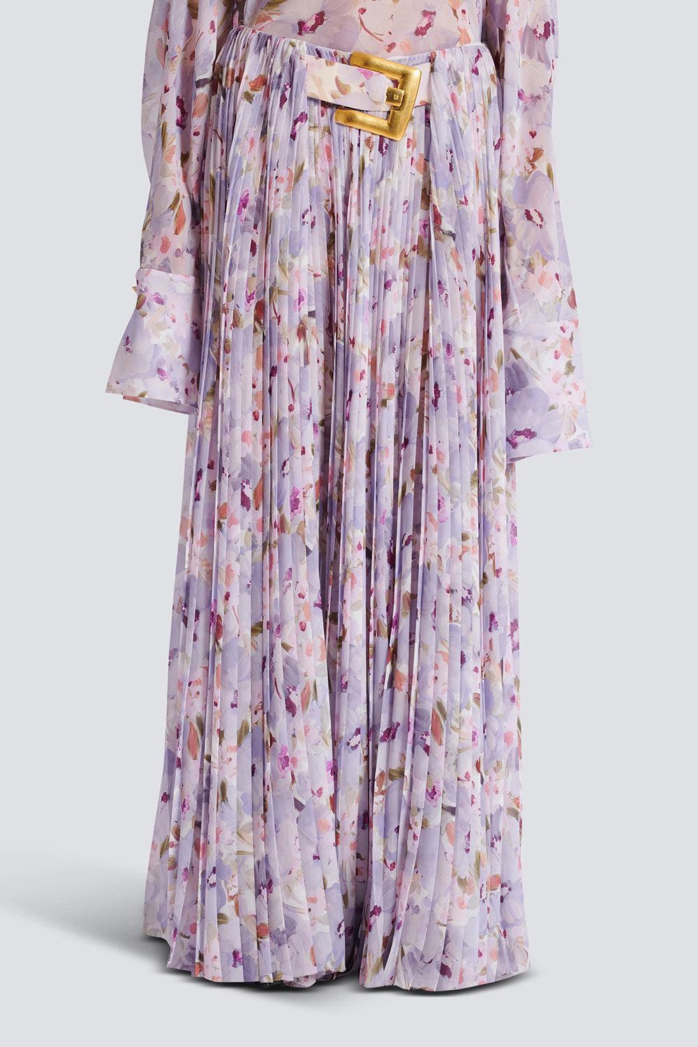 Belted Flower Print Skirt-BLNVIOMR-36-CLOTHINGSKIRTMIDI-BALMAIN