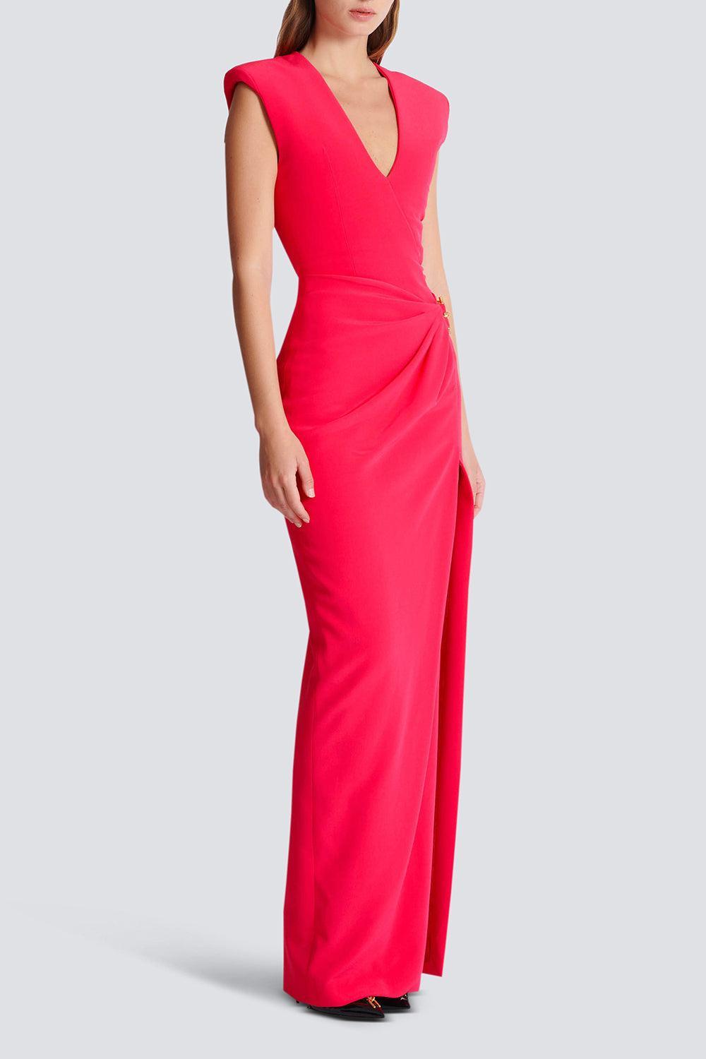 Sleevless Detail Slit Long Dress-FUCHSIA-36-CLOTHINGDRESSCOCKTAIL-BALMAIN