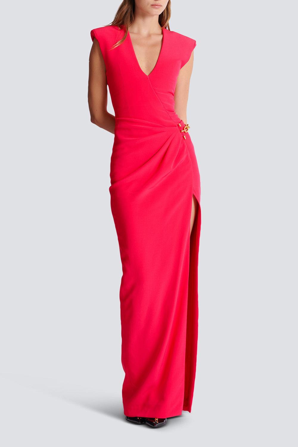 Sleevless Detail Slit Long Dress-FUCHSIA-36-CLOTHINGDRESSCOCKTAIL-BALMAIN